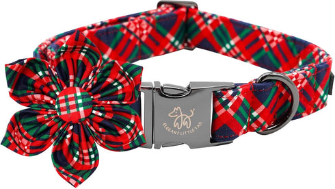 Elegant little tail Dog Collar with Flower, Red Plaid Christmas Dog Collar with Flower Dog Flowers Holiday Pet Collar Puppy Flower Girl Boy Dog Co...