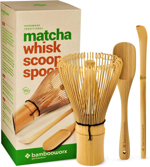 BambooWorx Matcha Whisk Set - (Chasen), Traditional Scoop (Chashaku), Tea Spoon. The Perfect Sets to Prepare a Traditional Cup of Japanese Tea, Ha...