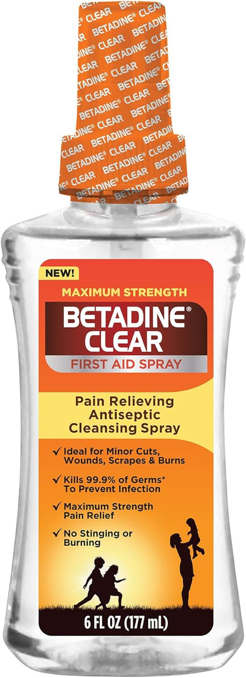 BETADINE Clear First Aid Spray, Max Strength Pain Relieving Antiseptic Cleansing Spray, No Stinging, Kills 99.9% of Germs*, Helps Prevent Infectio...