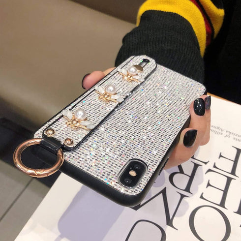 aowner iPhone 13 Pro Max Silver Glitter Bee Case with Stand, Strap & Diamond Wrist Bracket - 6.7 Inch, Shockproof...