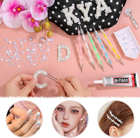 B-7000 Clear Rhinestone Glue and Flat Back Pearls for Craft, Shynek 4Pcs 25ML Crystal Jewelry Glue with 10000PCS AB White Pearl Rhinestones for Tu...