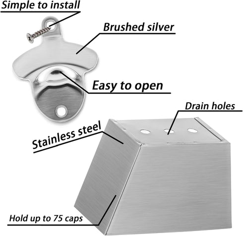 Wall-Mounted Bottle Opener 304 Stainless Bottle Cap Catcher with Drained Holes...