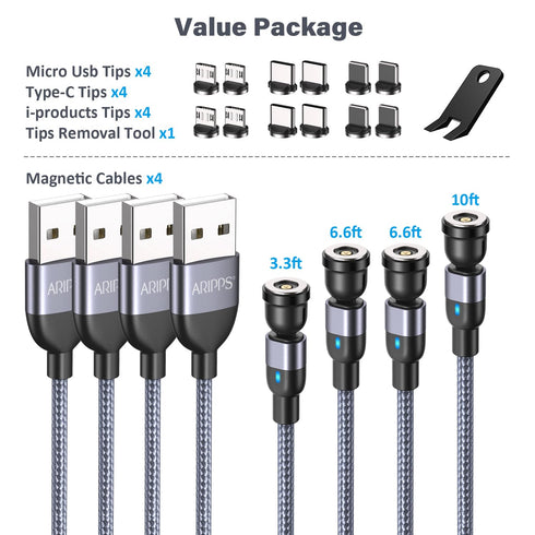Magnetic Charging Cable 4 Pack (3.3ft/6.6ft/6.6ft/10ft), 540 Degree Rotating Magnetic Phone Charger Cable, 3 in 1 Nylon Braided Magnetic USB Cable...