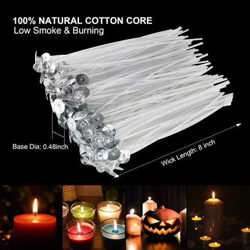 Candle Wicks 100 Pcs 6 inch with 30Pcs Candle Wick Stickers and 10 Pcs Wooden Candle Wick Centering Device for Soy Beeswax Candle Making and Candl...