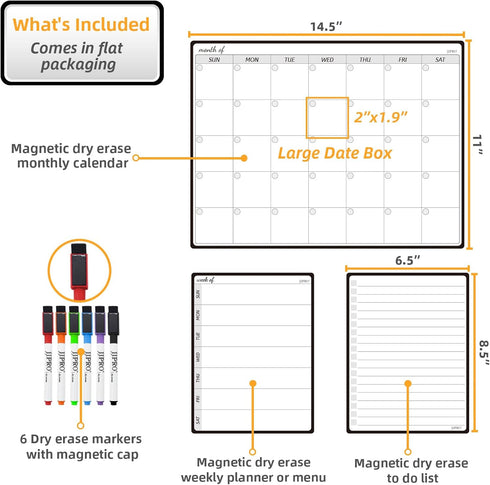 JJPRO Magnetic Monthly Calendar Whiteboard Set for Fridge-Monthly Planning Board and Two Bonus Dry Erase Grocery Board&Weekly Menu Board-Meal Plan...