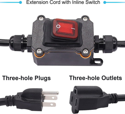 IP67 Waterproof Outdoor 3 Prong Extension Cord with Inline Switch On/Off 16A/250V 20A/125V AC 16AWG 2FT Outlets Power Cords Heavy Duty Red LED Lig...