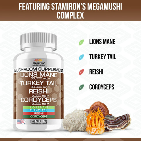 Stamiron Lions Mane Supplement Turkey Tail Mushroom Capsules with Cordyceps Extract & Reishi Mushrooms - Alt to Mushroom Gummies, Mushroom Powder,...