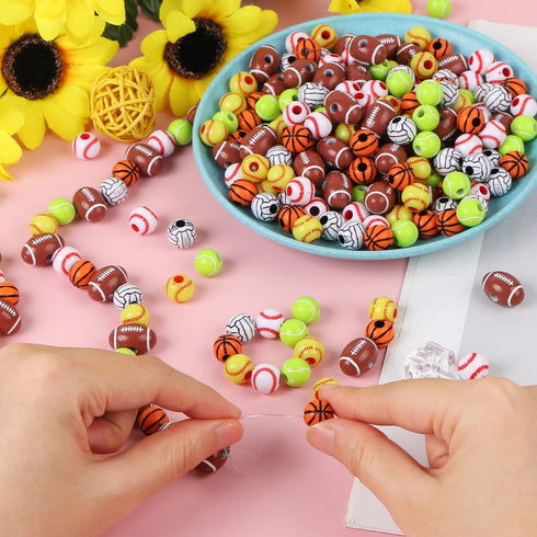 300 Pcs Sports Ball Beads for Jewelry Making, Acrylic Sports Beads Bulk, Baseball Basketball Volleyball Softball Football Tennis Beads with Stretc...