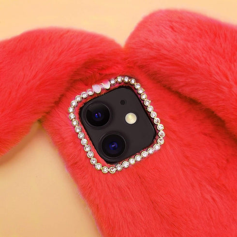 Omorro for iPhone 11 Case Plush Rabbit Case for Women Girls Soft Warm Fluffy Furry Bunny Ear Fur Phone Case Protective Cover with Bling Crystal Rh...
