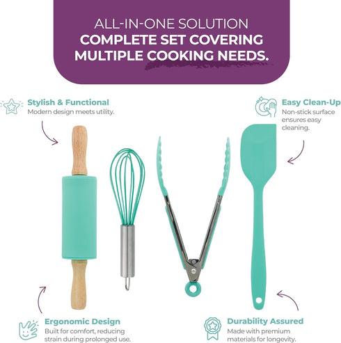 Tovla Jr. Kids Cooking Utensils Set - 4-Piece Kids Kitchen Tools - Safe Baking Set - Food Grade Toddler Chef Supplies - Gender Neutral Silicone Co...