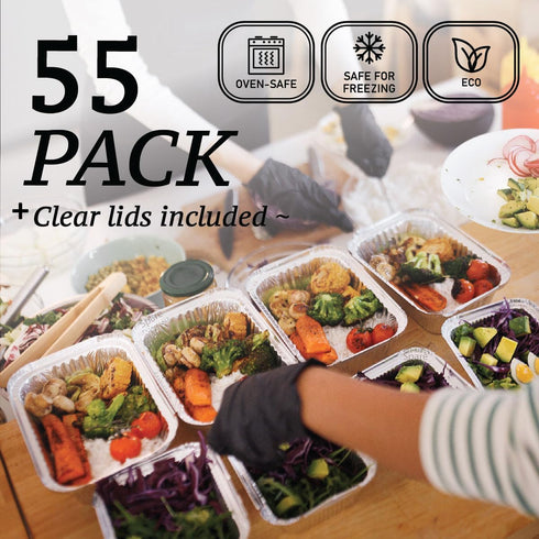 Spare Essentials 1 Lb Aluminum Pans with Lids (55 Pack) Disposable Baking Foil Containers, Takeout Food Storage, Freezer - Mini Foil Pans with Cle...