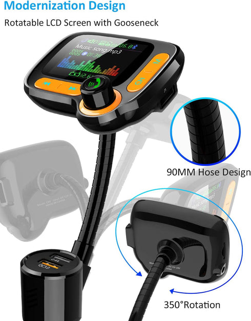 Bluetooth FM Transmitter Car Adapter,Support Wireless Handsfree Call and MP3 Music/APP Audio Play,1.8" Color Screen,3 USB Charger,3.5mm AUX Port,C...