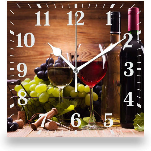 Wine Wall Clock,Glasses Of Red And White Wine Served With Grapes French Gourmet Tasting Print Decorative 10 Inch Square Silent Non-ticking Wooden ...