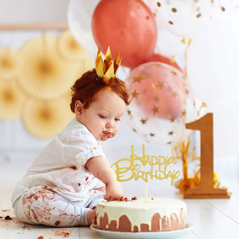 Gold Happy Birthday Cake Topper - Golden Glitter Birthday Party Cake Decoration Supplies, Cake Smash Decoration Photo Booth Props, Gold Paper Cake...