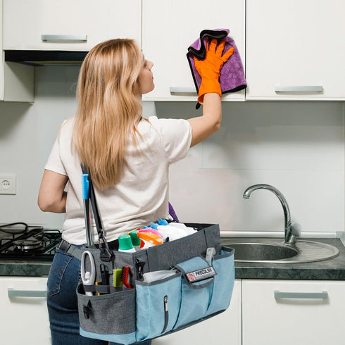 Grey-Blue Cleaning Caddy, Oxford Polyester, Adjustable 5 Compartments, Padded Carry Handle, Waterproof Interior, Ideal for Housekeeping and Cleani...