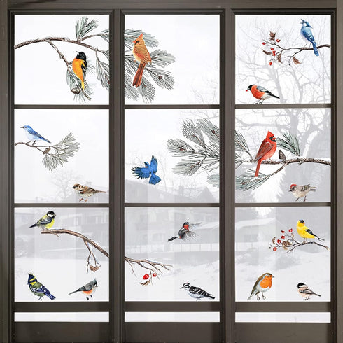 Yovkky Winter Bird Pine Tree Branch Window Clings 9 Sheet, Cardinal Bullfinch Chickadee Robin Glass Sticker Decal Snow Christmas Decor Home Kitche...