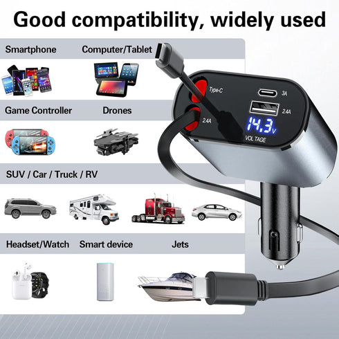 Retractable 3 in 1 Car Charger, Three in one Fast Car Phone Charger, Compatible USB C(Type-C)/Micro USB/Phone, Compatible with IP/Android/Tablets...