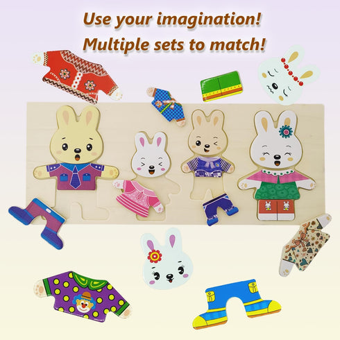 Wooden Bunny Family Dress-up Puzzle Box for Toddlers(72pcs),Change Clothes Puzzle Games, Preschool Learning Activities Toys for Kids Ages 3+...