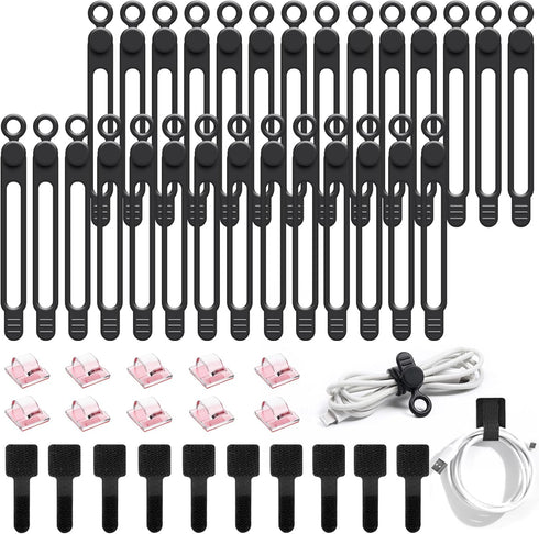 48Pcs Cord Organizer Kit, Reusable Elastic Silicone Cable Ties, Strong Adhesive Cable Clips for Cable Management, Multipurpose Wire Management for...