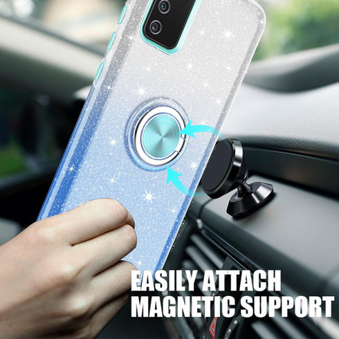 TJS Compatible with Samsung Galaxy A02S Case, with Tempered Glass Screen Protector, Metal Ring Magnetic Support Kickstand Tone Shinny Glitter Girl...