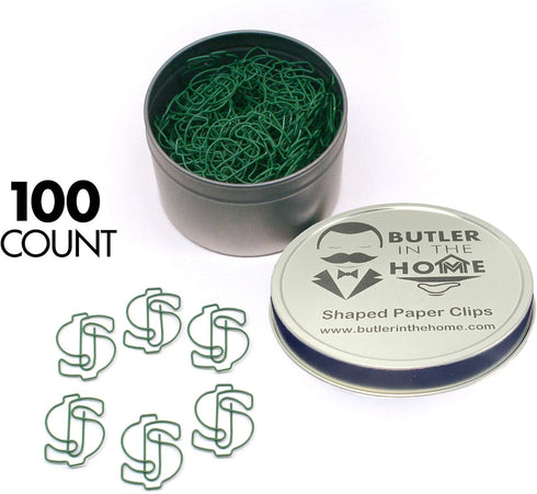 Money Dollar Sign $ Shaped Paper Clips Great for Paper Clip Collectors or Office Gift - Comes in Round Tin with Lid and Gift Box (100 Count Green)...