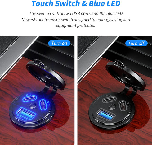 KEWIG 2Pcs 12V USB Outlet Quick Charge 3.0 USB Charger Sockets & Dual PD Type - C Ports, USB Cigartte Lighter Socket with ON/Off Switch DIY Kit, W...