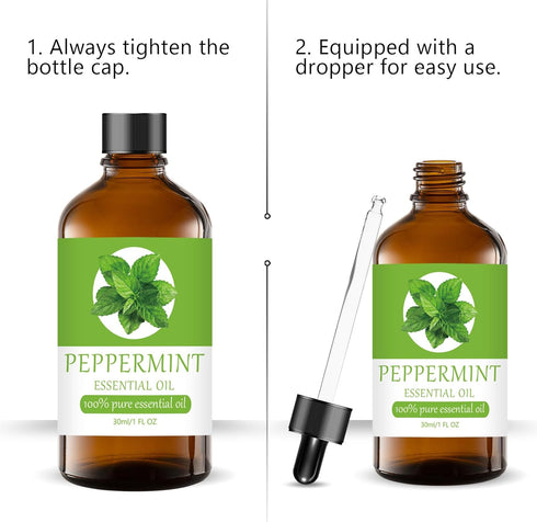 Peppermint Essential Oil 100% Pure & Natural Organic (1 Fl. Oz) for Humidifiers, Skin Care, Massage, Aromatherapy, Premium Delicate Grade with Gla...