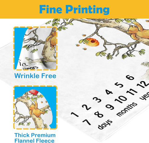 The Pooh Bear and Honey Baby Monthly Milestone Blanket, Gift Stuff for Newborn Baby Boy & Girl Photo Taken - Baby Age Blanket with 2 Frame...