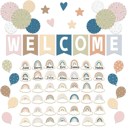 67 Pieces Simply Boho Welcome Classroom Bulletin Board Set Rainbow Bulletin Board Classroom Decoration Balloon Paper Fans Cutouts for Primary Scho...