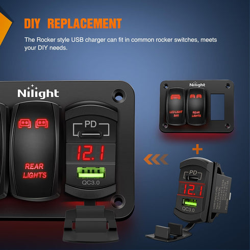 Nilight Rocker Switch Style USB Charger Red LED Voltmeter Quick Charge 12V PD Type C and USB QC 3.0 Car Charger Replacement with Inline Fuse for S...