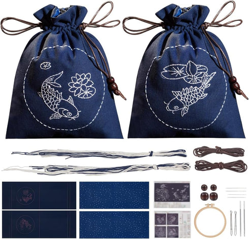 WEBEEDY 2 Set Embroidery Drawstring Bag Kits DIY Sashiko Kit with Complete Material Accessories Sewing Handbag Kit Embroidery Start Kit Needlepoin...