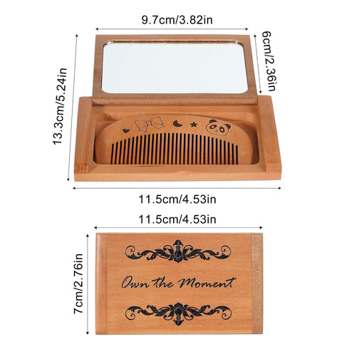 Wooden Comb Mirror Set,Folding Mirror and Comb Set,Wooden Pocket Mirror with Hair Brush,Makeup Mirror for Women Grils,Text...