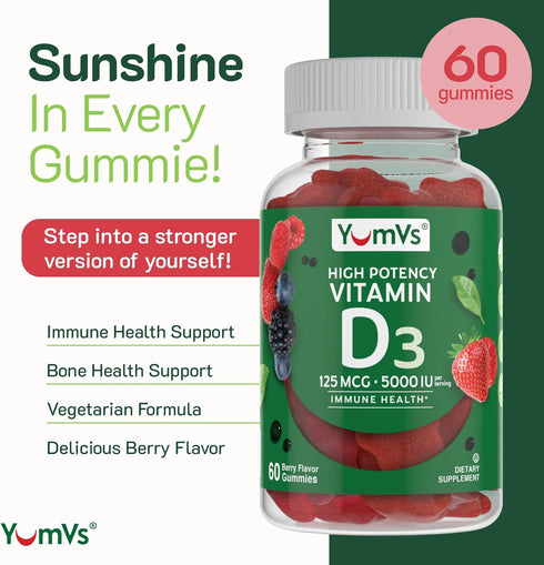 Vitamin D3 Jellies by YumV's | Vitamin D 5000 IU | Daily Dietary Supplement for Men and Women | Mixed Berry Flavor Chewable Jellies | Vegetarian, ...