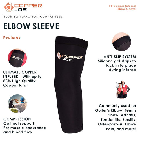 Copper Joe 2 Pack Recovery Elbow Compression Sleeve - Ultimate Copper Relief Elbow Brace for Arthritis, Golfers or Tennis Elbow and Tendonitis. El...