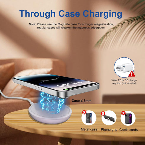 15W Magnetic Wireless Charger with Kickstand for iPhone 15/14/13/12 Series, Airpods 3, Magsafe Wireless Fast Charging Pad for Samsung Galaxy S24 S...