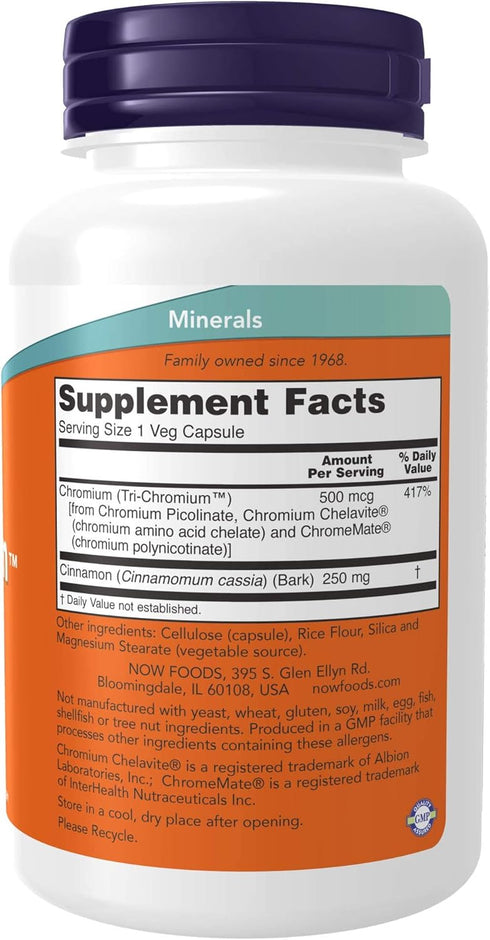 NOW Supplements, Tri-Chromium™ 500 mcg with Cinnamon, Insulin Co-Factor*, 180 Veg Capsules...