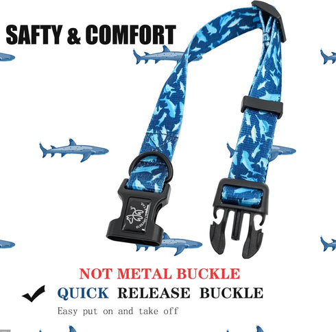 Elegant little tail Dog Collar, Pet Collar Adjustable Collar for Small Medium Large Dogs Soft Puppy Collars with Quick Release Buckle Shark Print ...