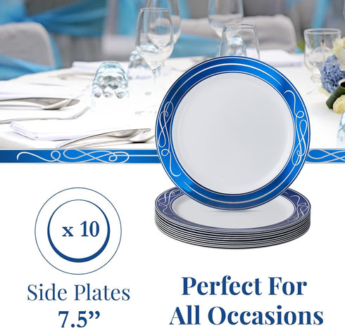 SILVER SPOONS Elegant Disposable Plates For Party - (10 Piece) Heavy Duty Disposable Dessert Set 7.5”, Fine Dining Plastic Dishes For Elegant Chin...