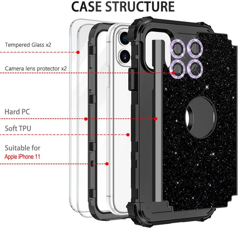 LONTECT for iPhone 11 Case Glitter Sparkly Bling 3 in 1 Shockproof Heavy Duty Full Body Sturdy Protective Case for Apple iPhone 11 with 2 Screen P...