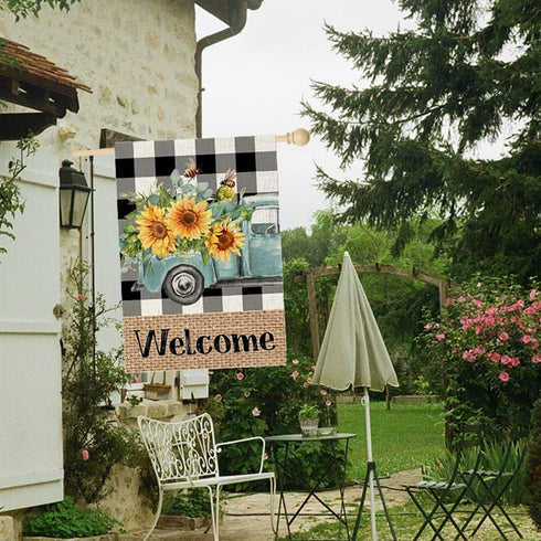 Summer Garden Flag Sunflowers Truck 12x18 Inch Double Sided Small Burlap Welcome Holiday Seasonal Flag for Outside Yard Decor...