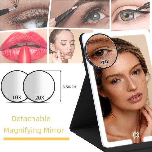 Lighted Travel Makeup Mirror with Round 10X & 20X Magnifying Mirror, PU Leather Vanity Mirror with Lights with 2000mAh Battery, LED Tabletop Cosme...