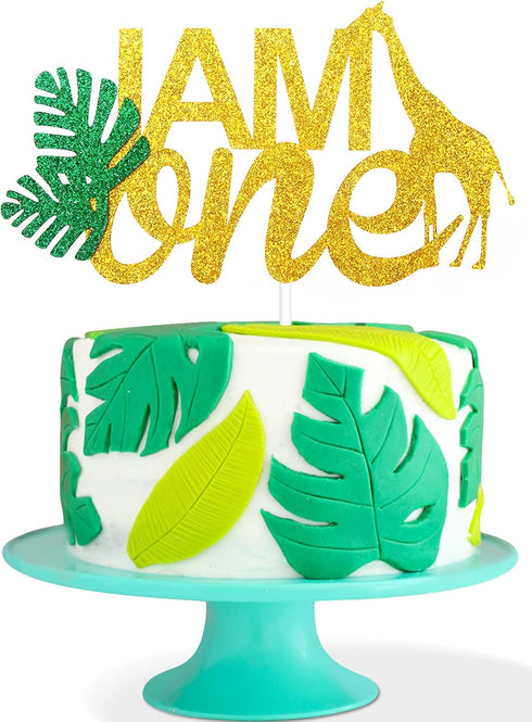 I AM ONE Birthday Cake Topper - Real Wild Child First Birthday - Smash Jungle Safari Animals Gifaffe Cake Décor - Baby Shower Welcome Baby Party D...