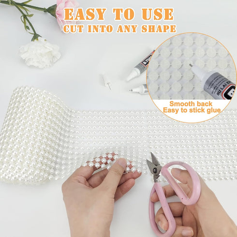2 Yards Pearl Mesh with Glue, Pearl Trim by The Yard Pearl Ribbon for Crafts DIY Wedding Bouquets Birthday Party Home Decoration, White...