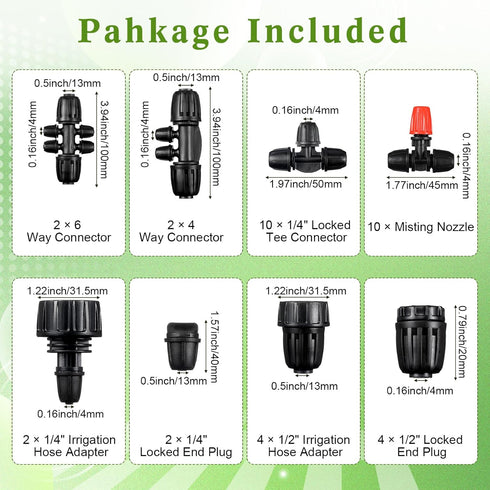 36 Pcs 1/2" to 1/4" Drip Irrigation Fittings Kit Barbed Tee Connector 2 4 6 Way Locked Tee Easy Connector Tubing End Plug Misting Nozzle Irrigatio...