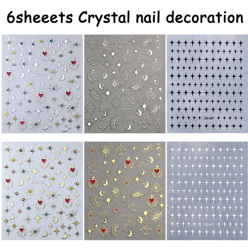 6Sheets Moon Star Nail Art Stickers Gold Silver Nail Decals for Nail Art Design Charms 3D Glitter Crystal Diamond Nail Stickers Self-Adhesive Pega...