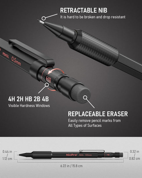 Nicpro 0.5 mm Mechanical Pencil Set with Case, 3PCS MP2000 Metal Artist Mechanical Pencil With 6 Tube HB Lead Refills, Eraser, Weatherproof Barrel...