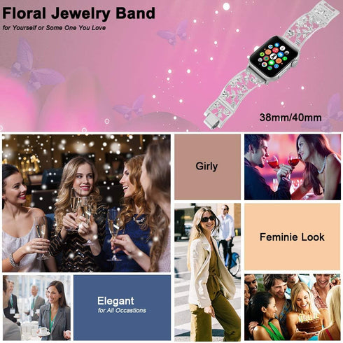 Floral Band Compatible with Apple Watch Jewelry Band 38mm 40mm 41mm 42mm iWatch Bands Series 10 9 8 7 SE,Bling Crystal Bracelet Hollow Metal Strap...