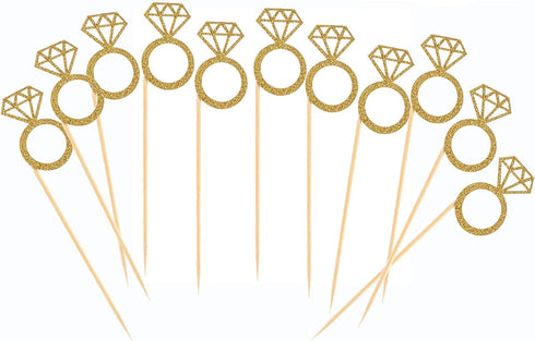 50 Pack Cupcake Toppers Gold Glitter Mini Diamond Ring Cakes Toppers for Marriage Engagement Anniversary Birthday Valentines Party Cake Decor...