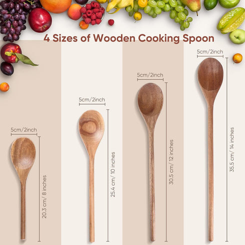 4 Pieces Acacia Wooden Spoon 8, 10, 12, 14 Inch Mixing Wooden Utensils Cooking Spoon for Kitchen Mixing Salad Tasting Baking Stirring Serving Food...