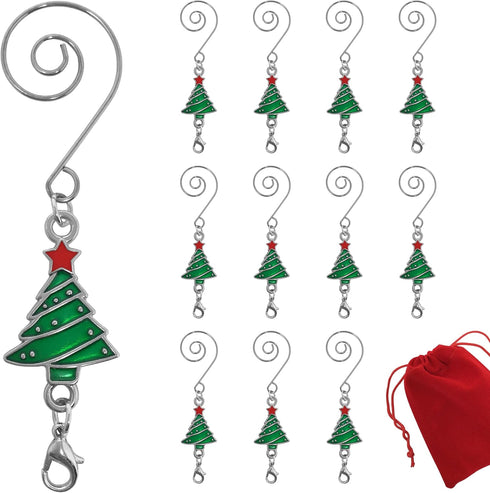 Ornament Hooks - Christmas Tree Shaped - S-Hook & Lobster Claw - Set of 12 - Enameled Trees with Red & Green Ornaments - Each Measures 3.5" L...